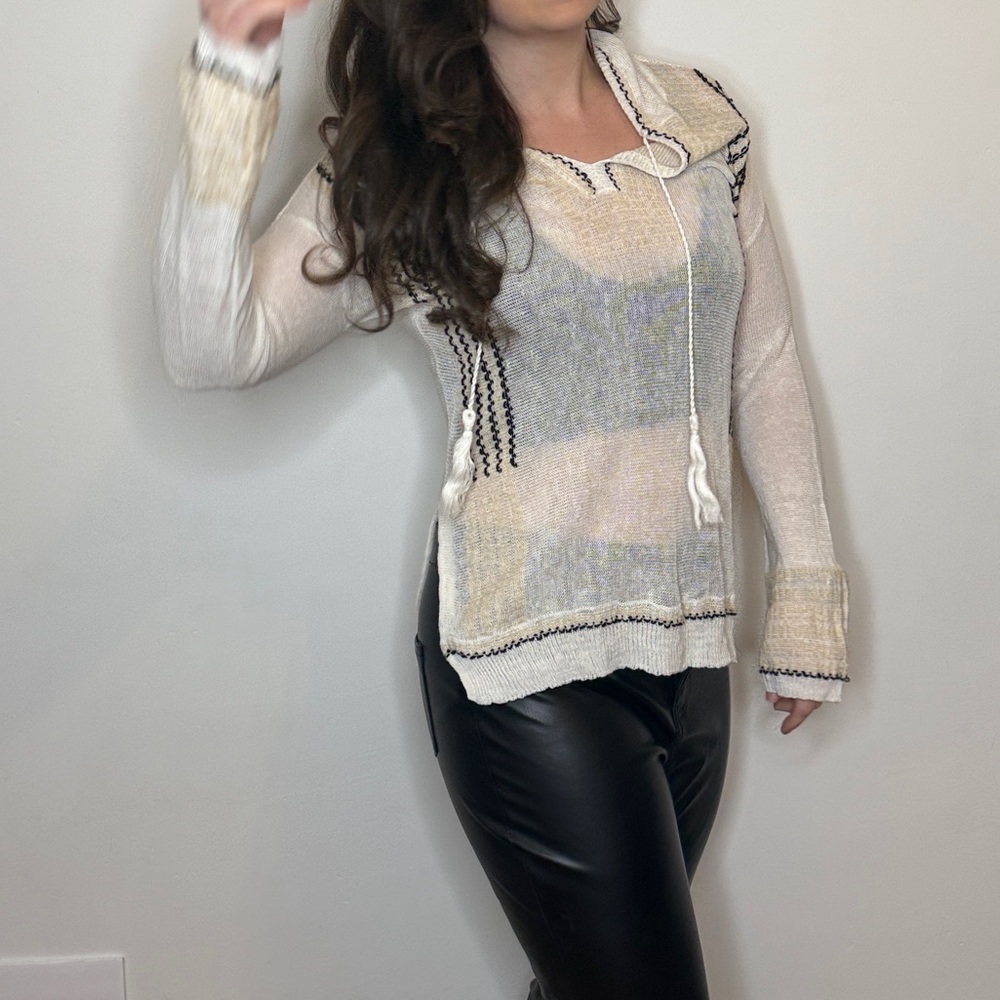 White + Warren Sheer Cream Crochet Knit Hooded Hoodie Top NEW With Tags Size XS